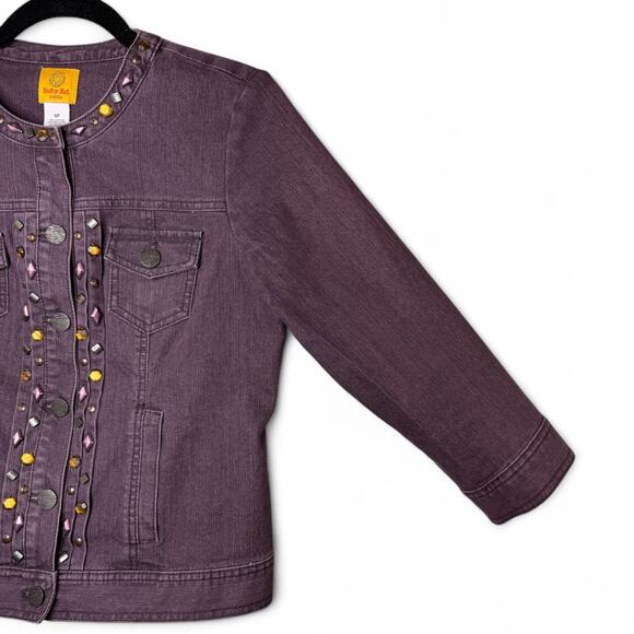 Ruby Rd Petite Denim Jacket Womens 6P Small Purple Studded Boho Festival Western - Picture 5 of 13